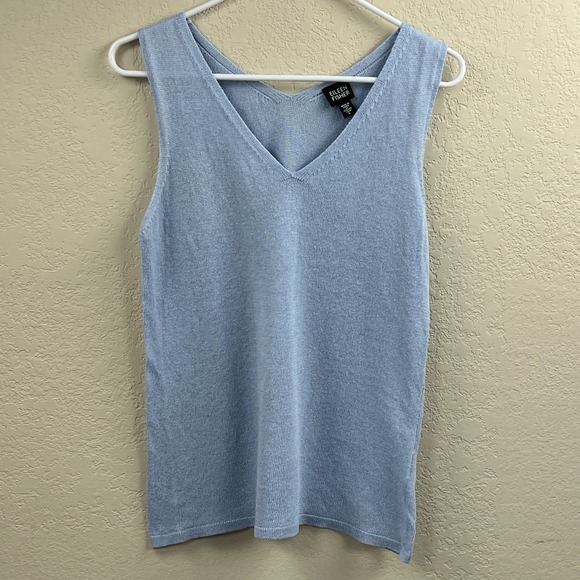 Eileen Fisher Top  Womens Large Blue V-Neck Linen Woven Knit Sleeveless Tank - Picture 1 of 9